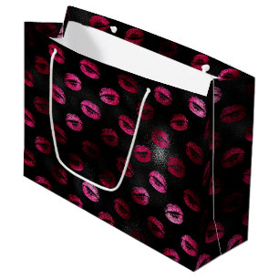 Elegant Hot Pink and Black Glitter Lipstick Lips Large Gift Bag