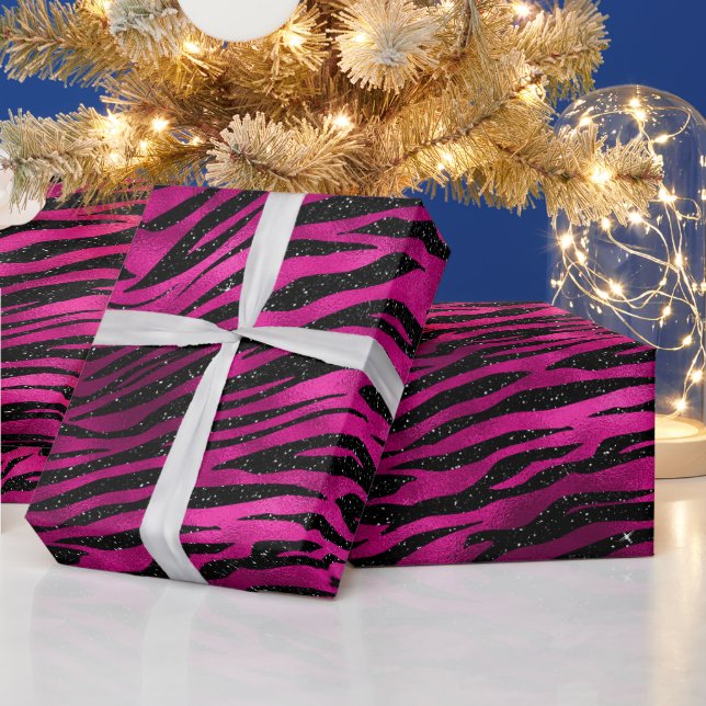Elegant Hot Pink and Black Glitter Tiger Stripes Wrapping Paper (Holidays)