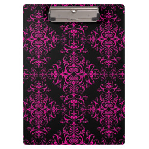 Elegant Hot Pink and Black Victorian Style Damask Clipboard