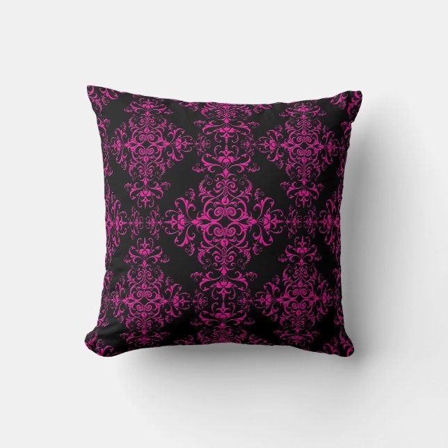 Elegant Hot Pink and Black Victorian Style Damask Cushion (Front)