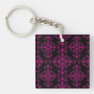 Elegant Hot Pink and Black Victorian Style Damask Key Ring