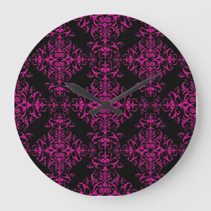 Elegant Hot Pink and Black Victorian Style Damask Large Clock