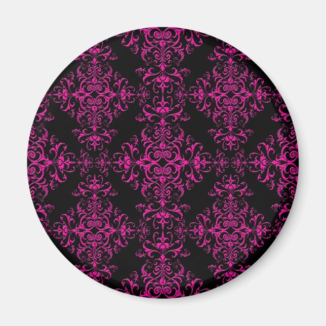 Elegant Hot Pink and Black Victorian Style Damask Magnet (Front)