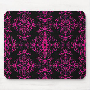 Elegant Hot Pink and Black Victorian Style Damask Mouse Mat