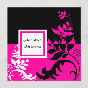 Elegant Hot Pink and Black Vine Quinceanera Invitation