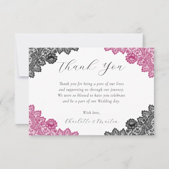 Elegant Hot Pink and Black Wedding Thank You Card (Front)