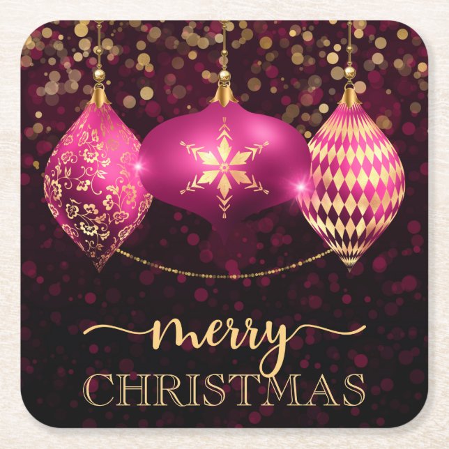 Elegant Hot Pink and Gold Bauble Merry Christmas Square Paper Coaster (Front)