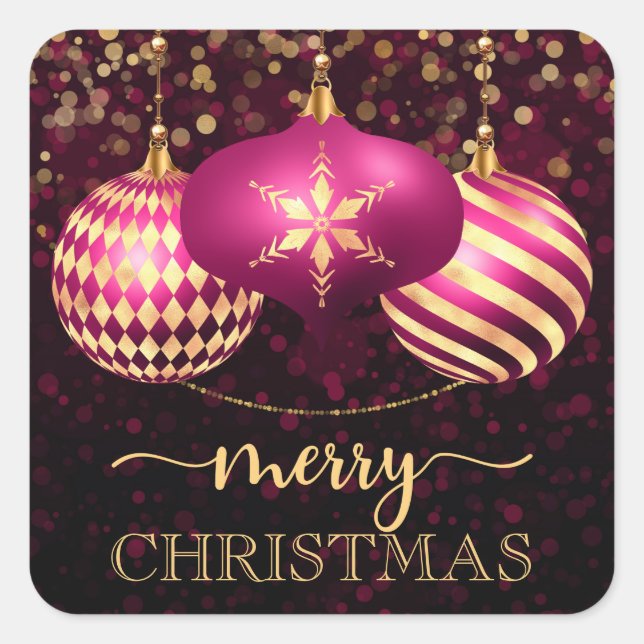 Elegant Hot Pink and Gold Baubles Merry Christmas Square Sticker (Front)