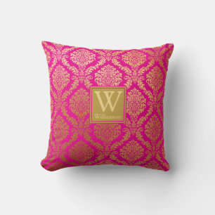 Elegant Hot Pink and Gold Damask Personalised Cushion