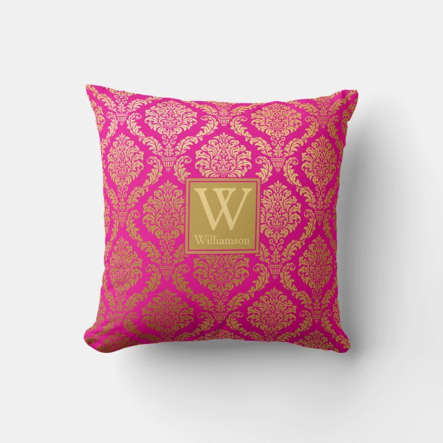 Elegant Hot Pink and Gold Damask Personalised Cushion (Front)