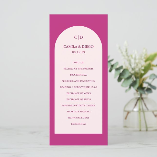 Elegant Hot Pink Arch Modern Wedding Programme (Standing Front)