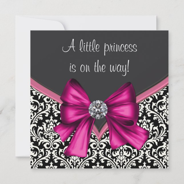 Elegant Hot Pink Black Damask Princess Baby Shower Invitation (Front)