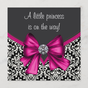 Elegant Hot Pink Black Damask Princess Baby Shower Invitation