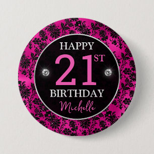 Elegant Hot Pink & Black Glitter Flowers Birthday 7.5 Cm Round Badge