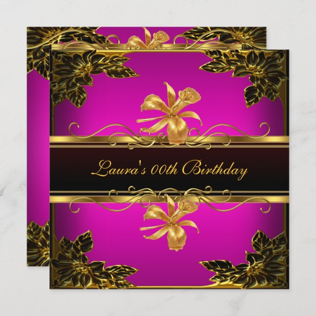 Elegant Hot Pink Black Gold Birthday Party Invitation (Front/Back)