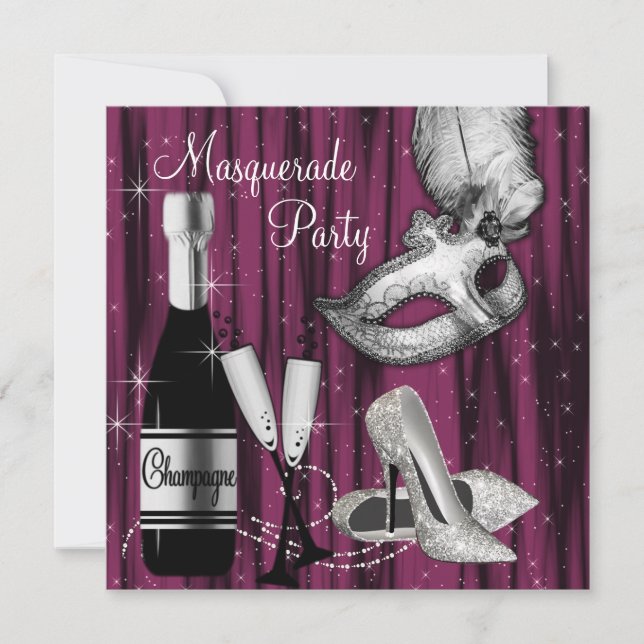 Elegant Hot Pink Black Masquerade Party Invitation (Front)