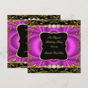 Elegant Hot Pink Damask Black Gold Birthday Party Invitation