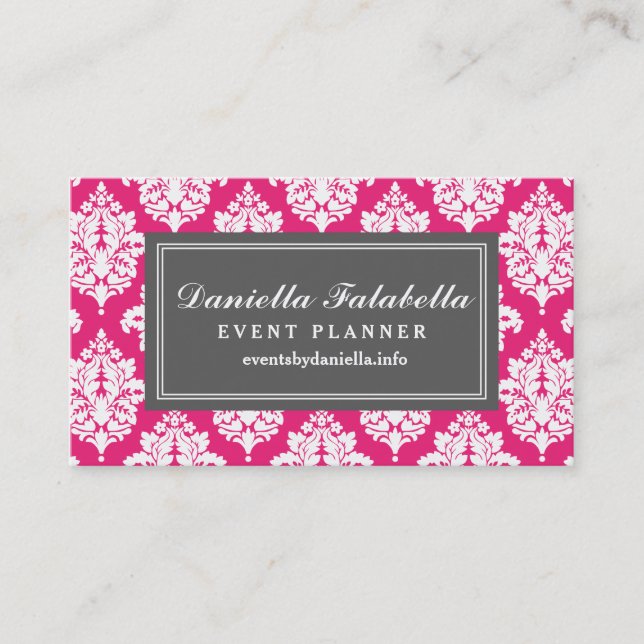Elegant Hot Pink Damask Personalised Business Card (Front)