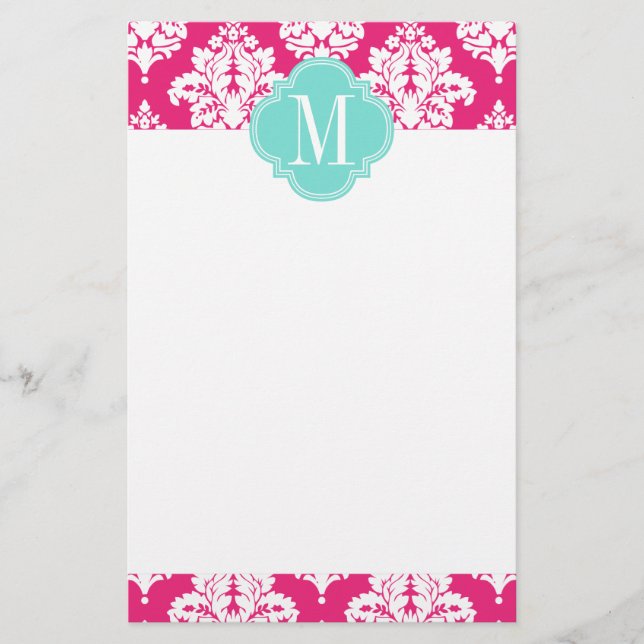 Elegant Hot Pink Damask Personalised Stationery (Front)