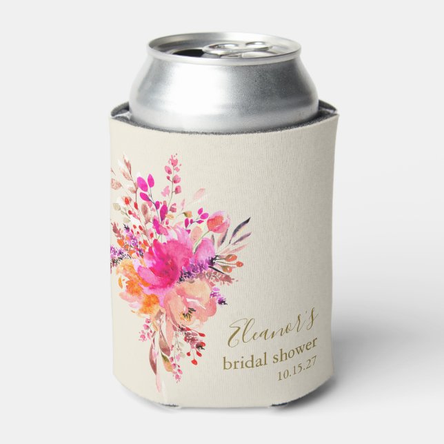 Elegant Hot Pink Floral Bridal Shower Custom Can Cooler (Can Front)