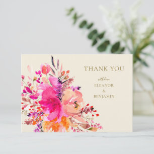 Elegant Hot Pink Floral Custom Names Wedding Flat Thank You Card