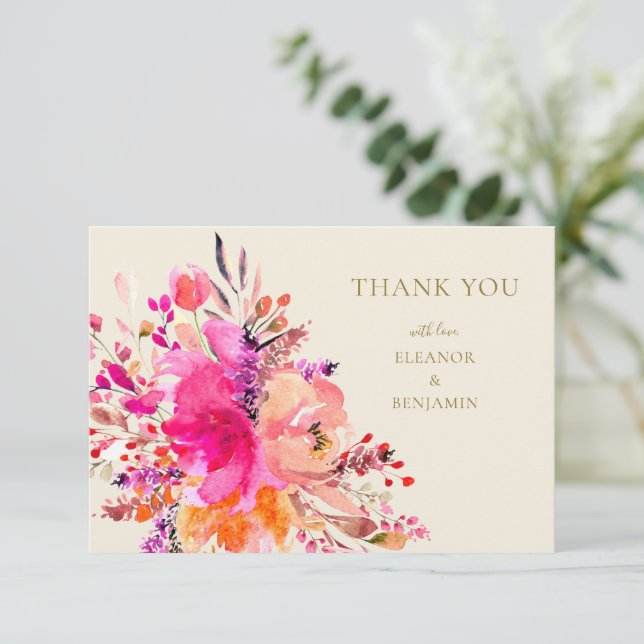 Elegant Hot Pink Floral Custom Names Wedding Flat Thank You Card (Standing Front)