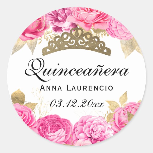 Elegant Hot Pink Floral Quinceanera Classic Round Sticker (Front)