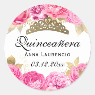 Elegant Hot Pink Floral Quinceanera Classic Round Sticker
