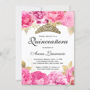 Elegant Hot Pink Floral Quinceanera Invitation