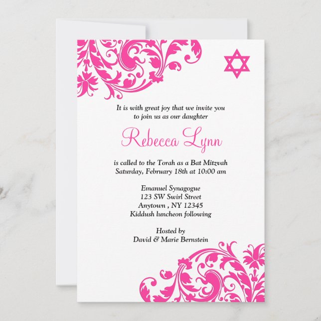 Elegant Hot Pink Flourish Bat Mitzvah Invitation (Front)