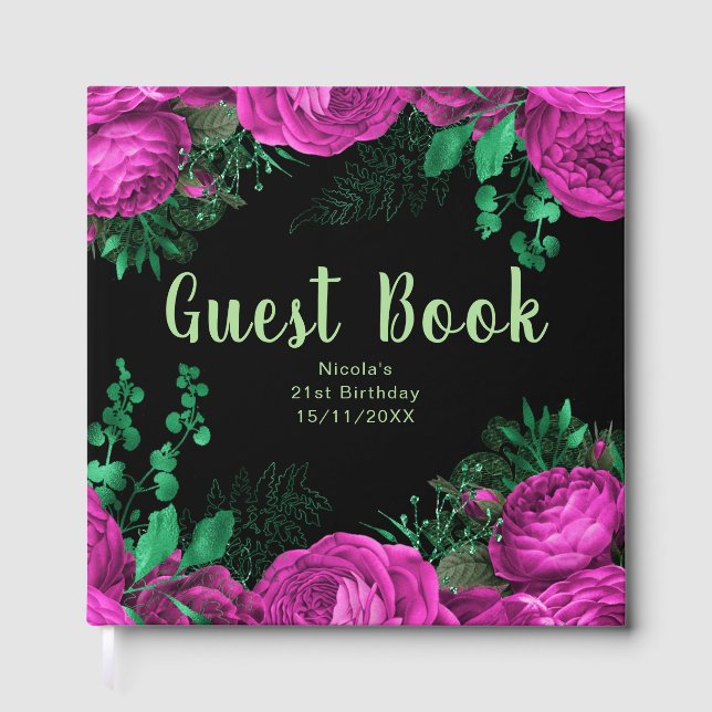 Elegant Hot Pink Flowers Birthday Party Guest Book (Front)