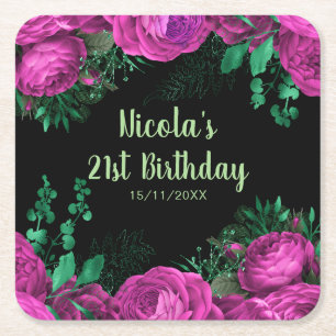 Elegant Hot Pink Flowers Birthday Party Square Paper Coaster