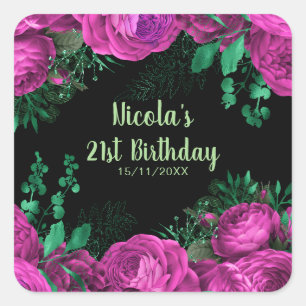 Elegant Hot Pink Flowers Birthday Party Square Sticker