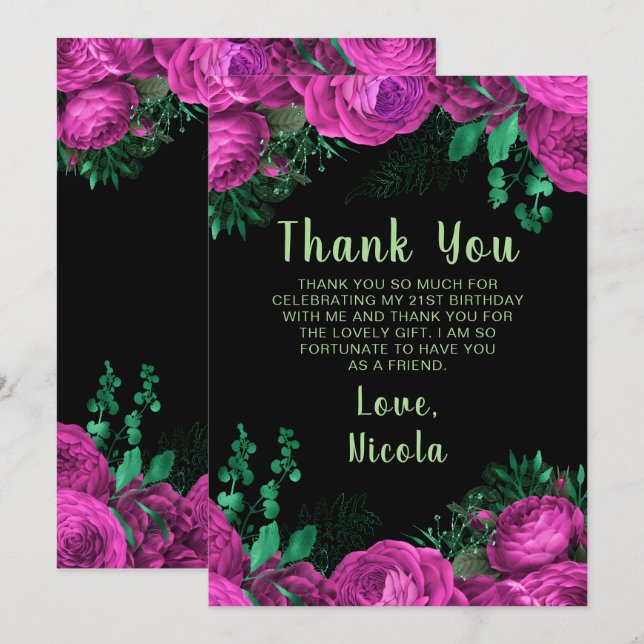 Elegant Hot Pink Flowers Birthday Party Thank You Card (Front/Back)
