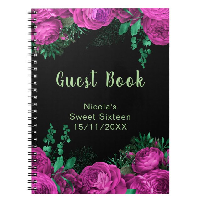 Elegant Hot Pink Flowers Sweet Sixteen Guest Book (Front)