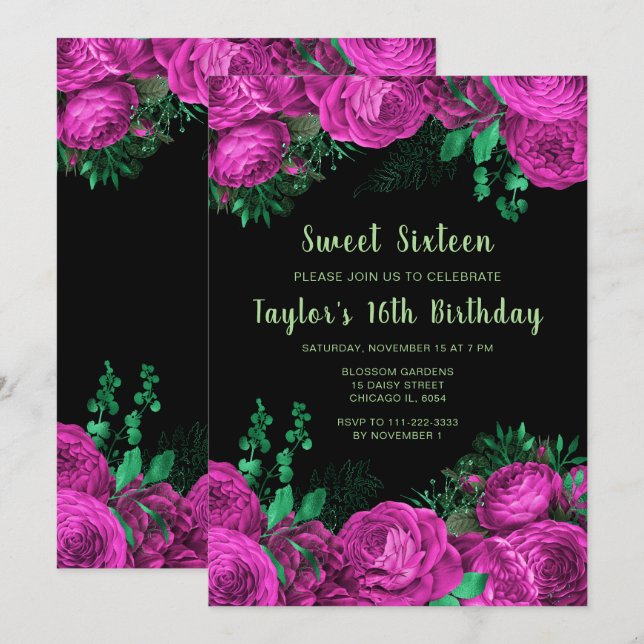 Elegant Hot Pink Flowers Sweet Sixteen Invitation (Front/Back)