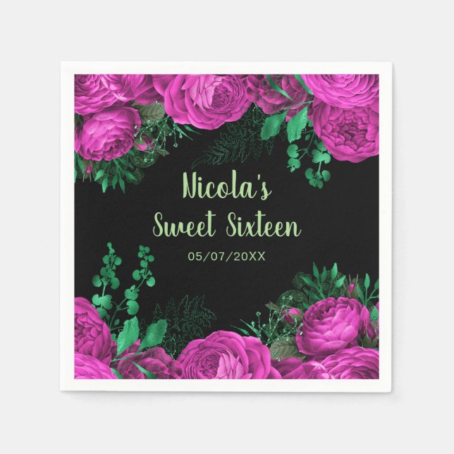 Elegant Hot Pink Flowers Sweet Sixteen Napkin (Front)