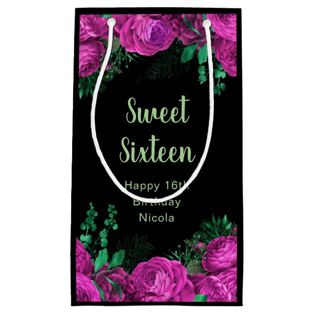 Elegant Hot Pink Flowers Sweet Sixteen Small Gift Bag (Front)