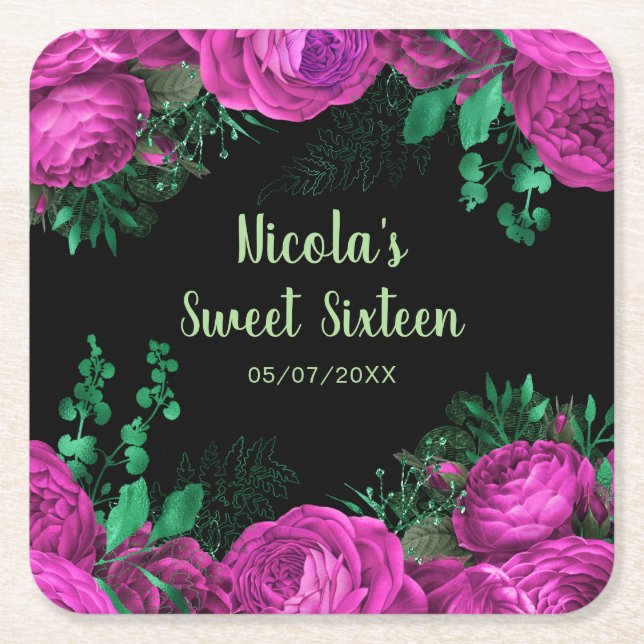 Elegant Hot Pink Flowers Sweet Sixteen Square Paper Coaster (Front)