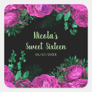 Elegant Hot Pink Flowers Sweet Sixteen Square Sticker
