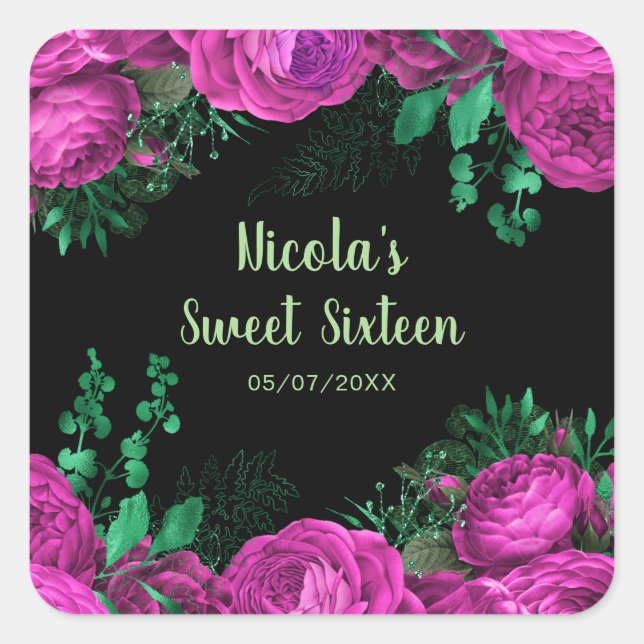 Elegant Hot Pink Flowers Sweet Sixteen Square Sticker (Front)