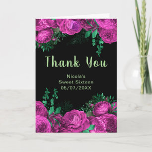 Elegant Hot Pink Flowers Sweet Sixteen Thank You Card