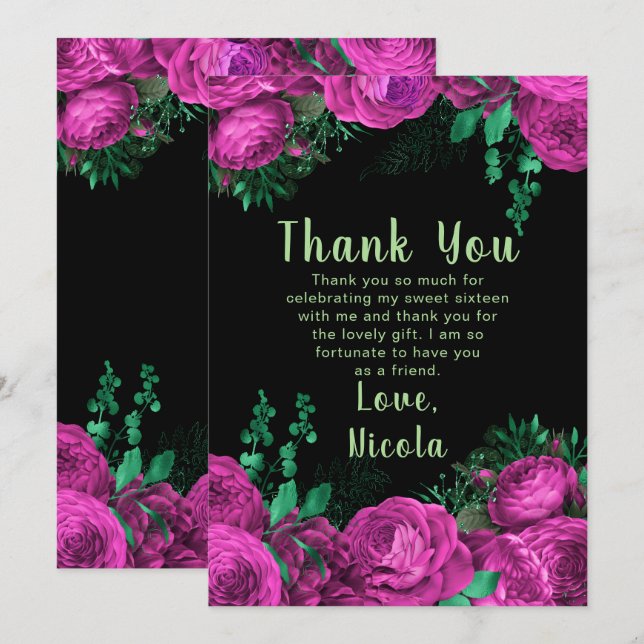Elegant Hot Pink Flowers Sweet Sixteen Thank You Card (Front/Back)
