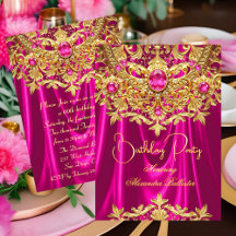 Elegant Hot Pink gems Gold Lace Damask Birthday