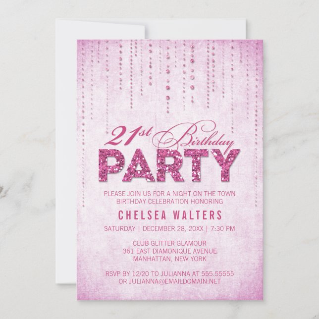 Elegant Hot Pink Glitter 21st Birthday Party Invitation (Front)