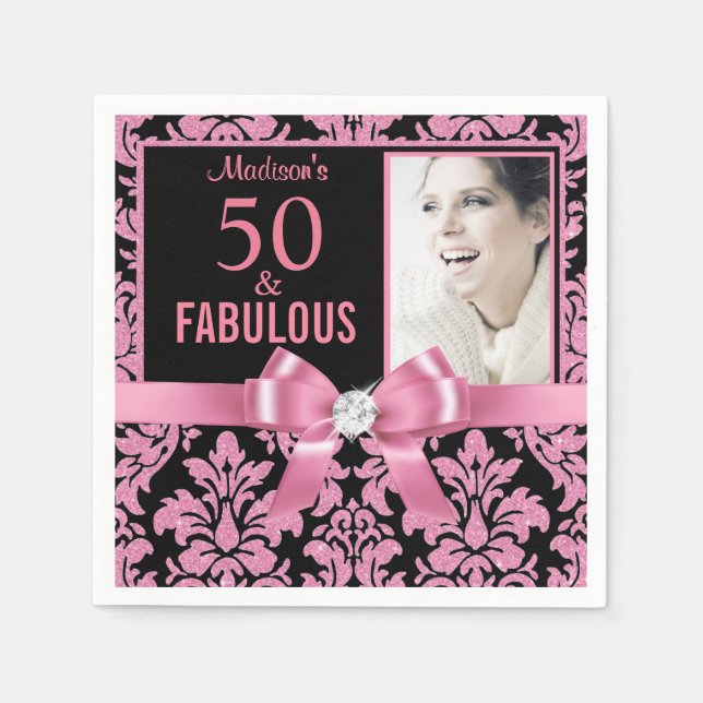 Elegant Hot pink glitter damask 50th Birthday Napkin (Front)