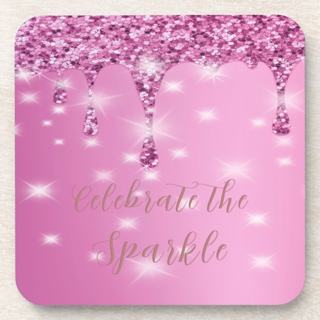 Elegant Hot Pink Glitter Drip Bachelorette Coaster (Front)