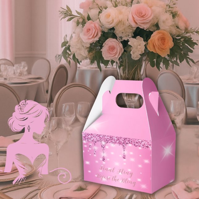 Elegant Hot Pink Glitter Drip Bachelorette  Favour Box (Final Fling Before the Bling favor box in blush pink bridal suite with elegant glam reception decor)
