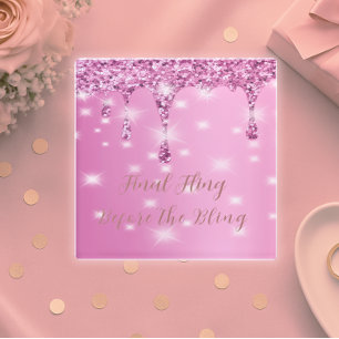 Elegant Hot Pink Glitter Drip Bachelorette Glass Coaster