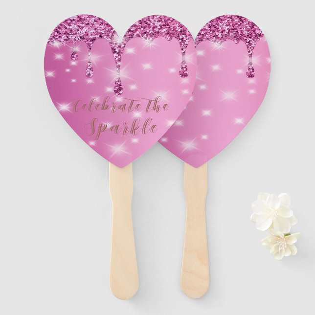 Elegant Hot Pink Glitter Drip Bachelorette Hand Fan (Front and Back)